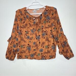 Sonoma Peasant Top Women’s L Brown Floral Long Sleeve Ruffle Blouse Boho Shirt